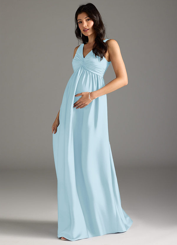 Azazie Yetta Maternity Bridesmaid Dresses A-Line Pleated Stretch Satin Floor-Length Dress image1