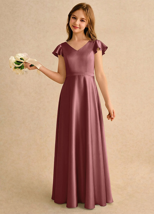 Azazie Nari Girls Formal Blomsterpigekjoler A-Line med ærmer Stræk satin Gulv-længde Kjole image1