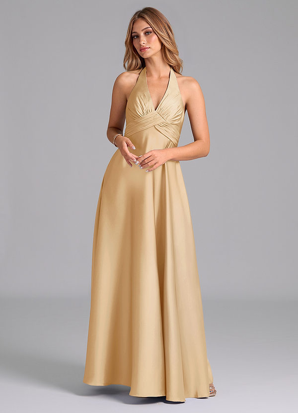 Azazie Tessie Bridesmaid Dresses Gold A-Line Pleated Stretch Satin Dress image1