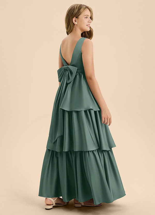 Azazie Meadowyn Junior Robe Trapèze en Satin extensible Arc Eucalyptus image1