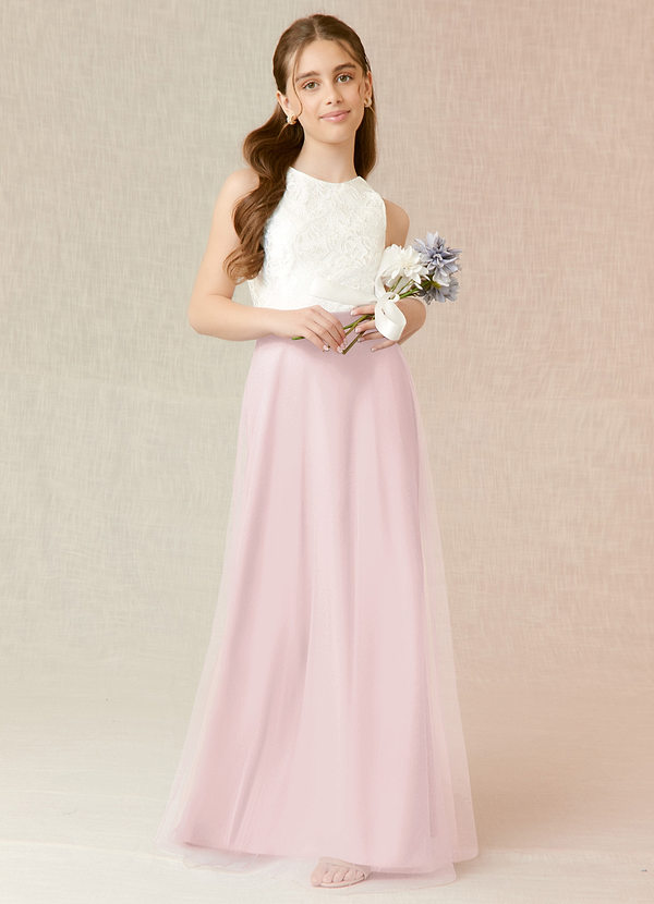 Azazie Albertine Junior Blushing Pink A-Line Lace Chiffon Dress image1