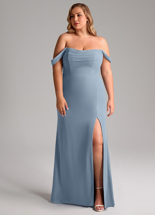 Azazie Saige Abiti da Damigella Abito Convertibile A-Line in Chiffon a Spalla Scoperta Blu Polveroso image1
