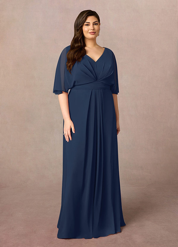 Azazie Oksana Mother of the Bride Dresses Dark Navy A-Line V-Neck Pleated Chiffon Dress image1