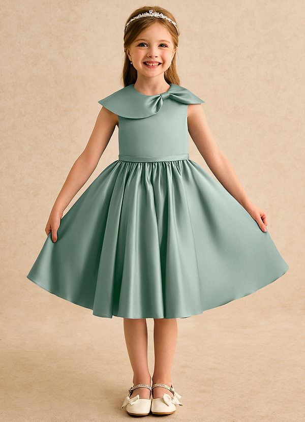 Azazie Acorn Flower Girl Dresses Silver Sage A-Line Pleated Matte Satin Dress image1