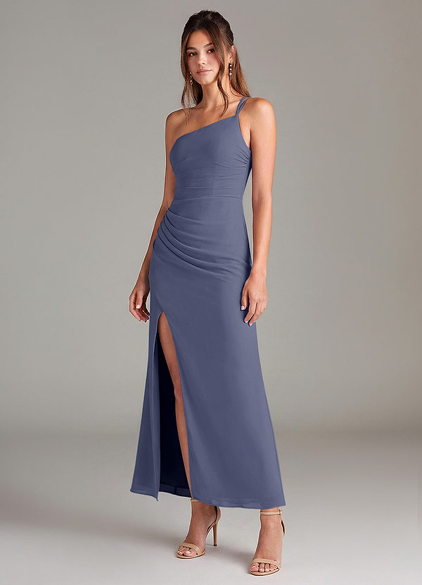 Azazie Eren 신부 들러리 드레스 인어 한쪽 어깨 쉬폰 발목 길이 드레스 image1