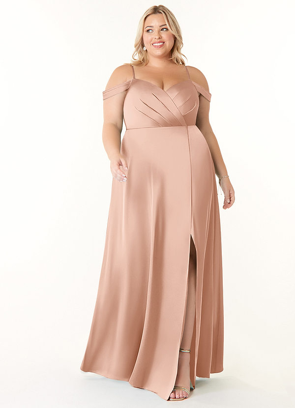 Azazie Ocean Bridesmaid Dresses Rose Gold A-Line V-Neck Pleated Stretch Satin Dress image1