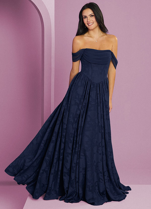 Barbie ♥ Azazie Bridesmaid Dresses Dark Navy A-Line Off the Shoulder Floral Burnout Convertible Dress image1