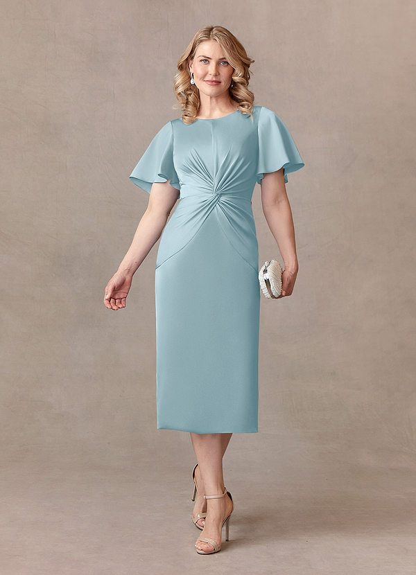 Azazie Everlyn Mother of the Brides Dresses Moody Blue Sheath Pleated Stretch Satin Dress image1