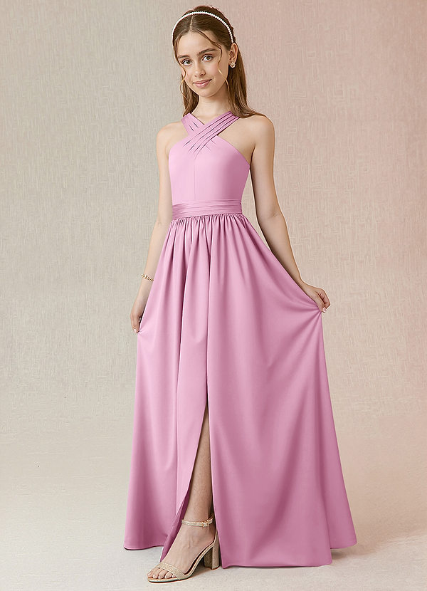 Azazie Jiya Junior Vestido de Rosa Caramelo de Satén Elástico de Corte en A con Plisado image1