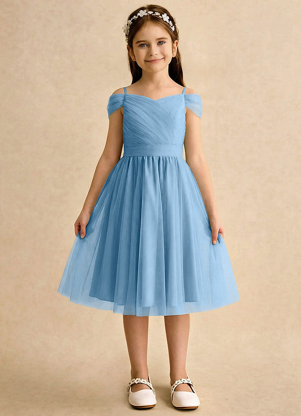 Azazie Lila Girls Formal Robes de cortège enfant Robe Trapèze en Tulle Épaule décolletée Acier Bleuté image1