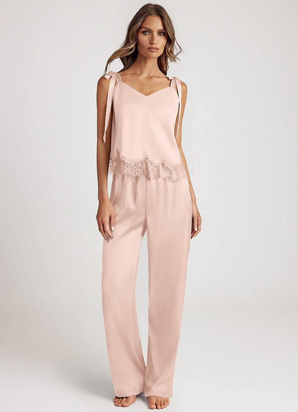 front Rosa Rubor Conjunto de pijama de camisola de satén con ribete de encaje y pantalón largo de pierna ancha.