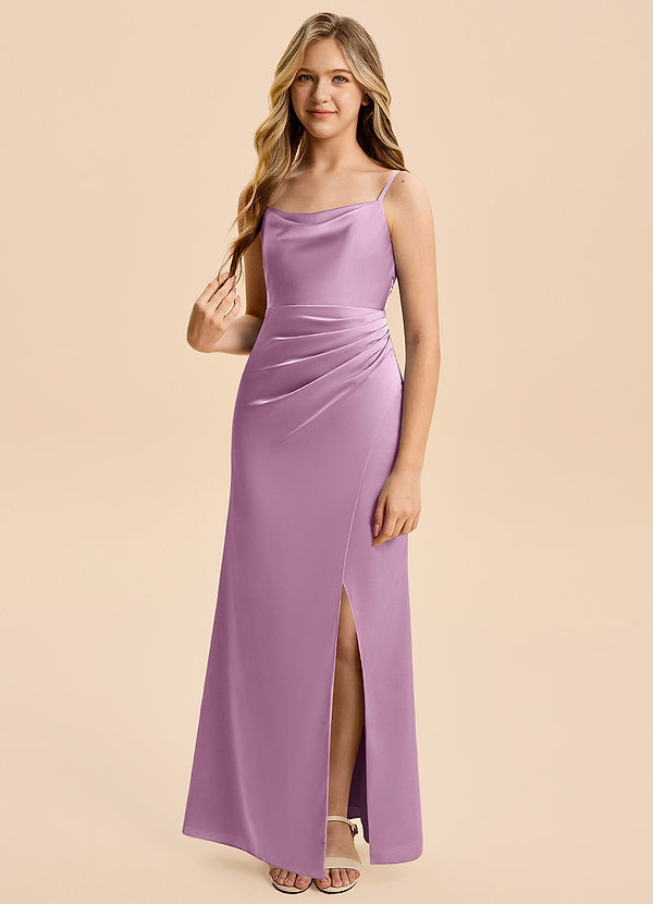 Azazie Christen Junior Wisteria Sheath Pleated Stretch Satin Dress image1