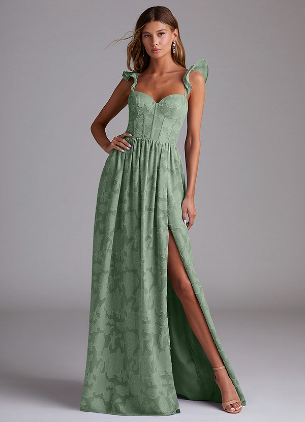 Azazie Denisse Brautjungfernkleider A-Linie Gestreift Blumen-Burnout Kleid Matcha image1