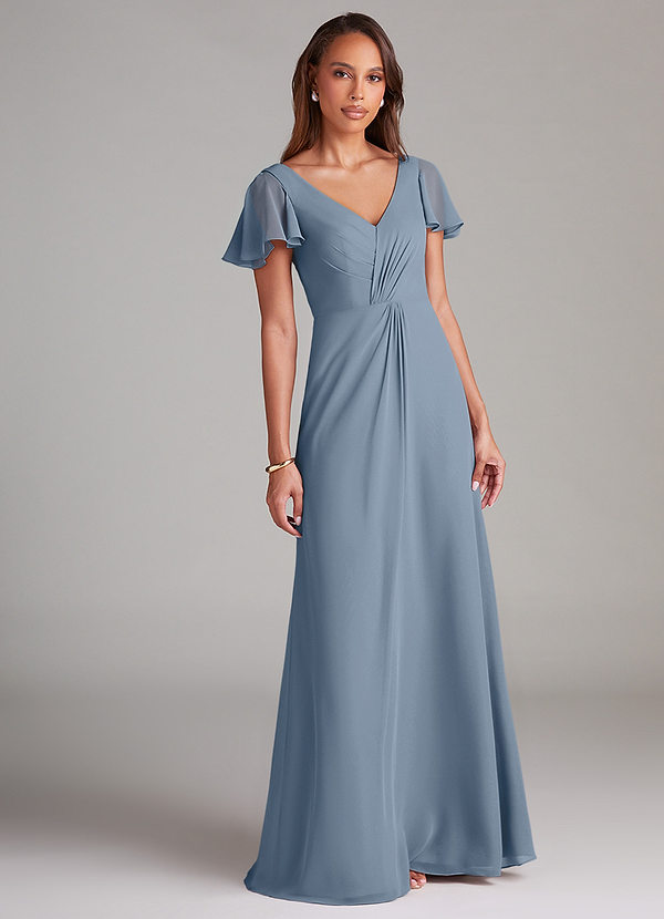 Azazie Soren Bridesmaid Dresses Dusty Blue A-Line Ruched Chiffon Dress image1