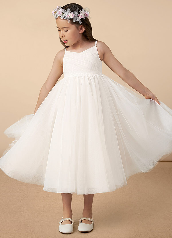 Azazie Amya Flower Girl Dresses Diamond White A-Line Pleated Tulle Dress image1