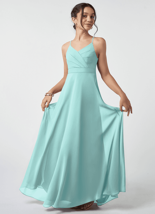 Azazie Avelina Junior A-Linie Plissee Chiffon Kleid Aqua image1