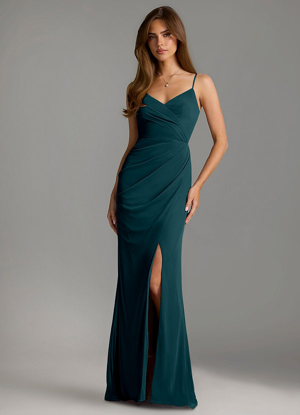 Azazie Maci Robes Demoiselle d'honneur Robe Fourreau en Maille Plissée Vert Pin image1