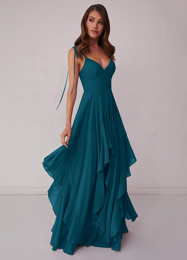 A-line V-neck Chiffon Ruched Floor-length Dress Ocean Blue main image 1