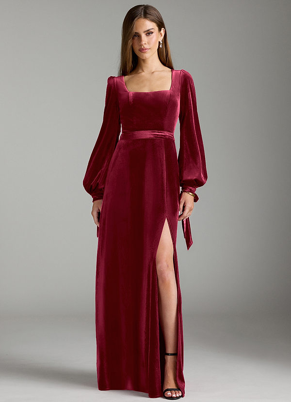 Azazie Leonia Bridesmaid Dresses Burgundy A-Line Long Sleeve Velvet Dress image1