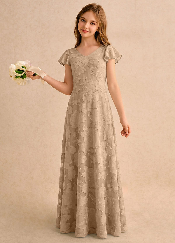Narin Girls Formal Flower Girl Dresses Champagne A-Line with Sleeves Floral Burnout Dress image1