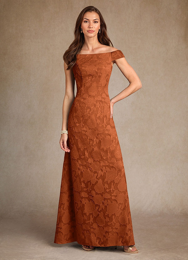 Azazie Moore Mother of the Brides Dresses Burnt Orange A-Line Boatneck Floral Burnout Dress image1