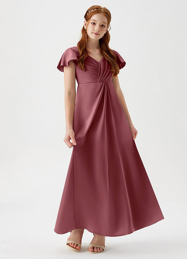 Azazie Soren Junior Abito A-Line in Raso Elasticizzato Increspato Rosa Del Deserto image1