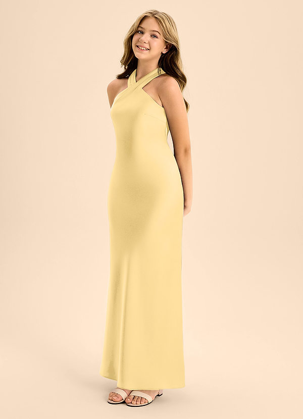 Azazie Doretta Junior Butter Mermaid Pleated Stretch Satin Dress image1