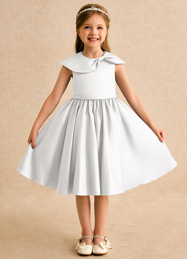 Azazie Acorn Flower Girl Dresses White A-Line Pleated Matte Satin Dress image1
