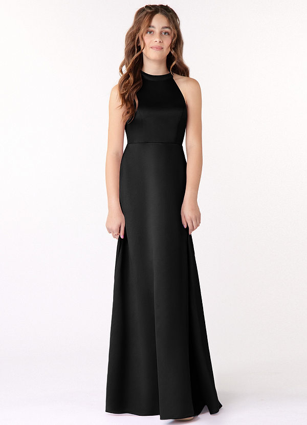 Azazie Laurel Junior Black A-Line Matte Satin Dress image1