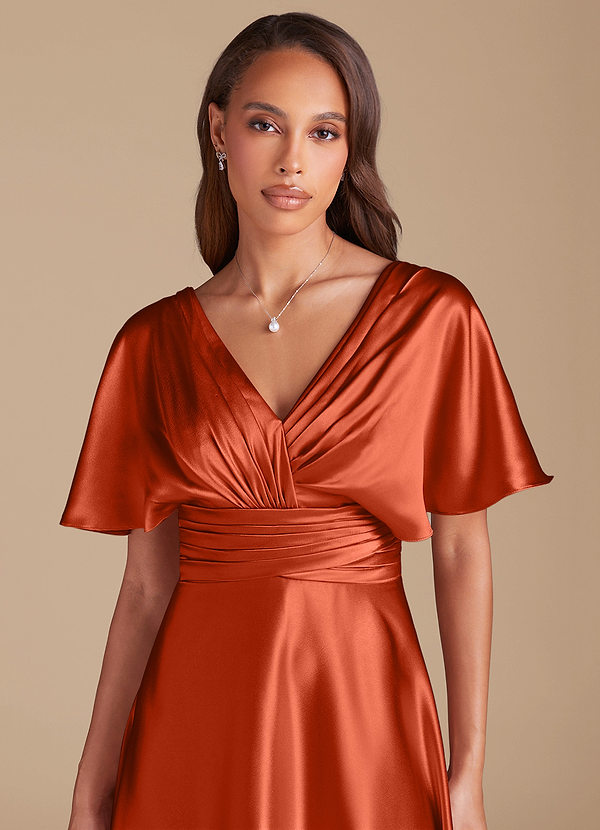 Azazie Pamela Bridesmaid Dresses Paprika A-Line Pleated Metallic Satin Dress image1