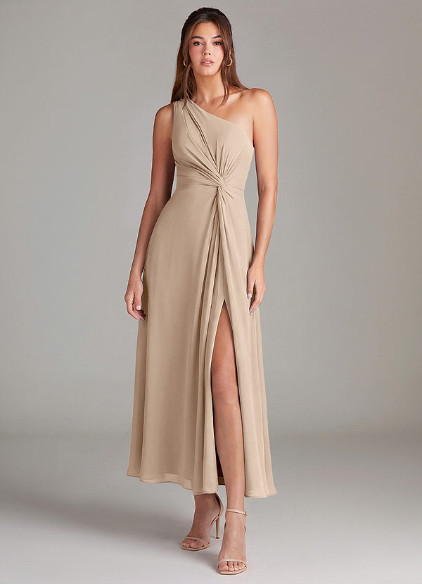 Azazie Brooke 신부 들러리 드레스 A라인 한쪽 어깨 쉬폰 발목 길이 드레스 image1