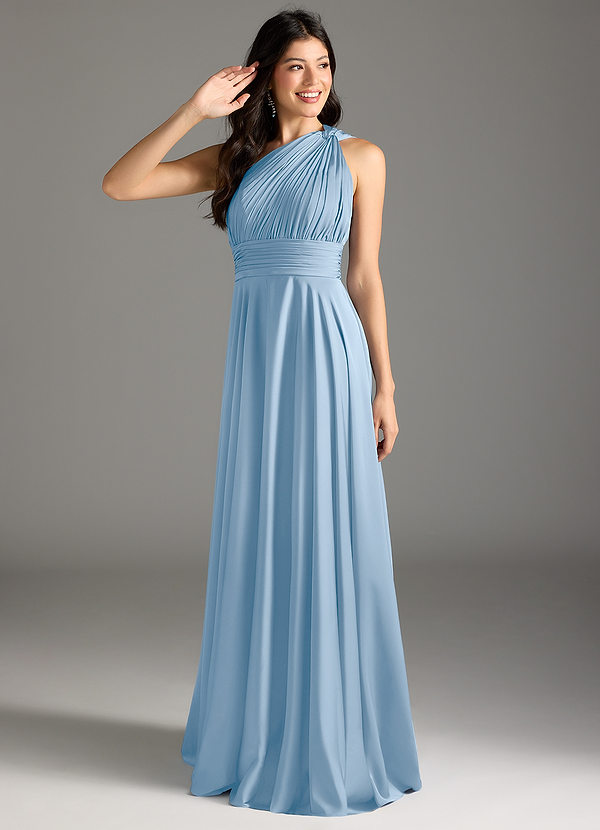 Azazie Charlize Bridesmaid Dresses Powder Blue A-Line One Shoulder Stretch Satin Dress image1