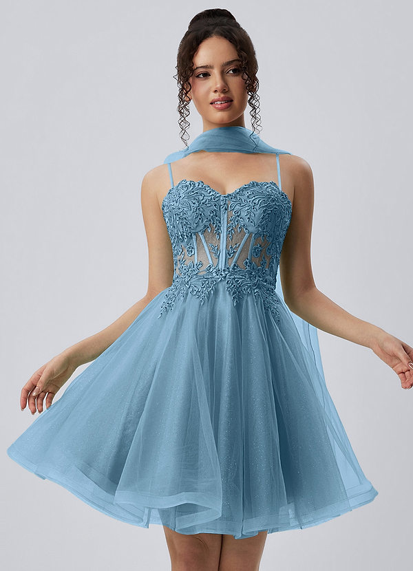 Thalassienne Himmelblau Minikleid aus Spitze, Strasssteinen und Tüll image1