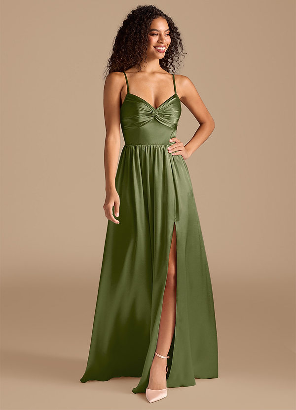 Azazie Zeya Bridesmaid Dresses Olive A-Line Pleated Metallic Satin Dress image1