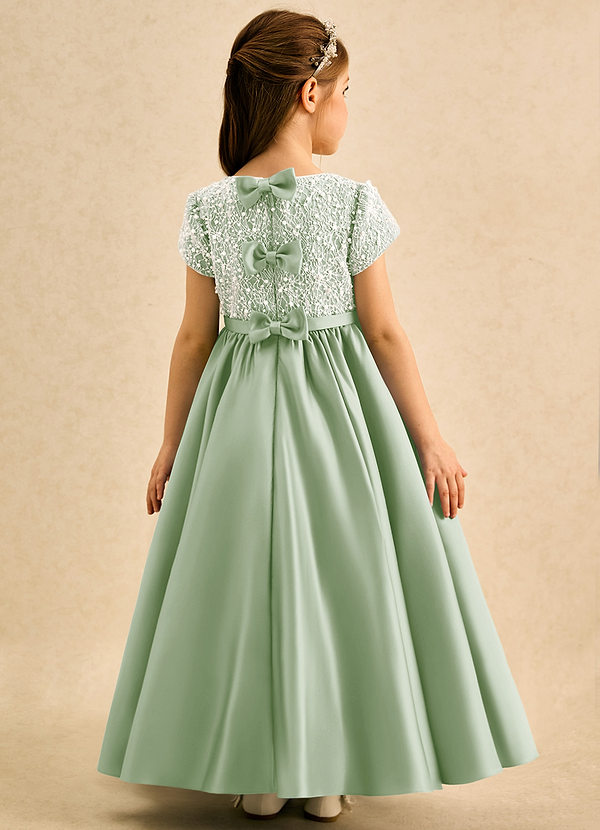 Azazie Cashew Abiti da Ragazza di Fiori Abito Principessa in Raso Opaco Con Maniche Verde Salvia image1