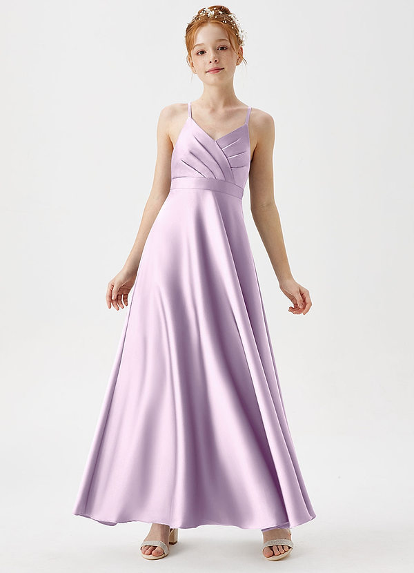 Azazie Avelina Junior Abito A-Line in Raso Elasticizzato Plissettato Lilla Glassato image1