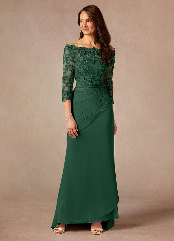 Azazie Rhonda Mother of the Brides Dresses Dark Green Mermaid Off the Shoulder Mesh Dress image1