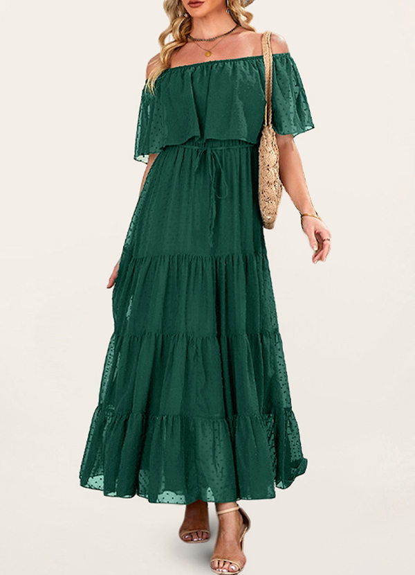 front Chatom Dark Emerald Swiss Dot Off-The-Shoulder Tiered Maxi Dress