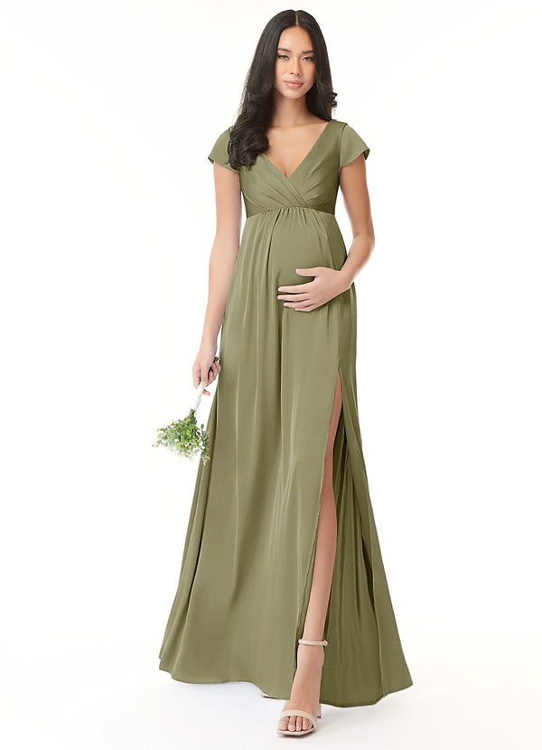 Azazie Allessia Maternity Bridesmaid Dresses A-Line Pleated Stretch Satin Floor-Length Dress image1