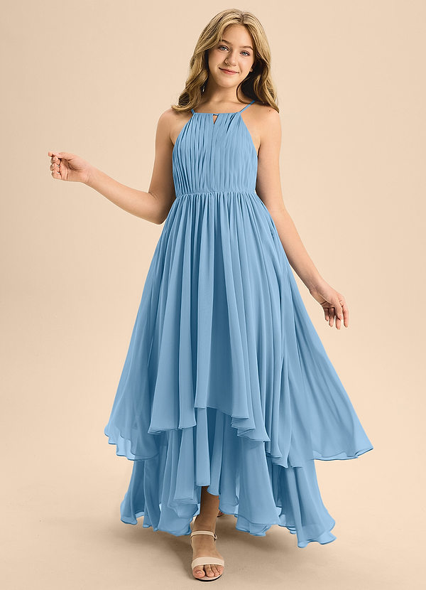 Azazie Elliora Junior Steel Blue A-Line Pleated Chiffon Dress image1