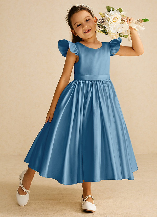 Azazie Violeta Bloemenmeisjes Jurken Baljurk Jurk van Mat Satijn Boog Staal Blauw image1