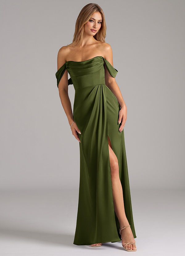 Azazie Johana Bridesmaid Dresses Olive Mermaid Off the Shoulder Stretch Satin Convertible Dress image1