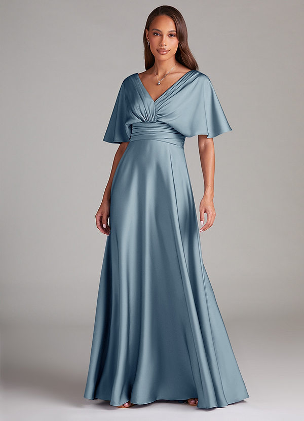 Azazie Pamela Robes Demoiselle d'honneur Robe Trapèze en Satin extensible Plissée Bleu Poussiéreux image1