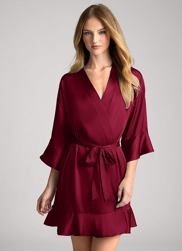 front Burgundy Ruffled Satin Robe