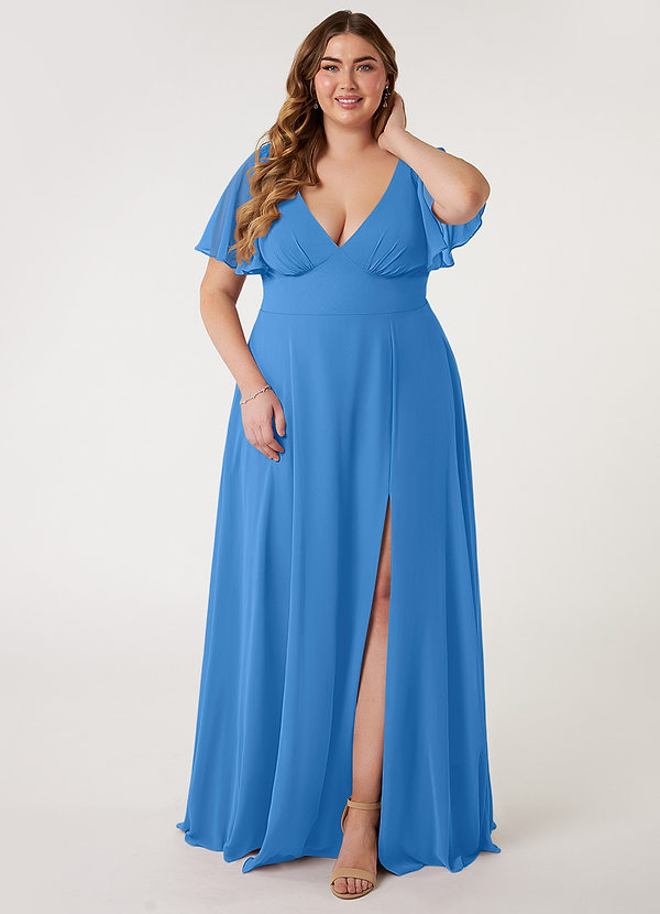 Azazie Kimber Bridesmaid Dresses Blue Jay A-Line Flounce Sleeve Chiffon Dress image1
