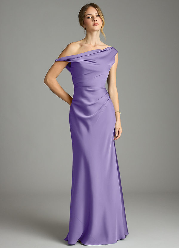 Azazie Emerson Bridesmaid Dresses Tahiti Mermaid Off the Shoulder Stretch Satin Dress image1