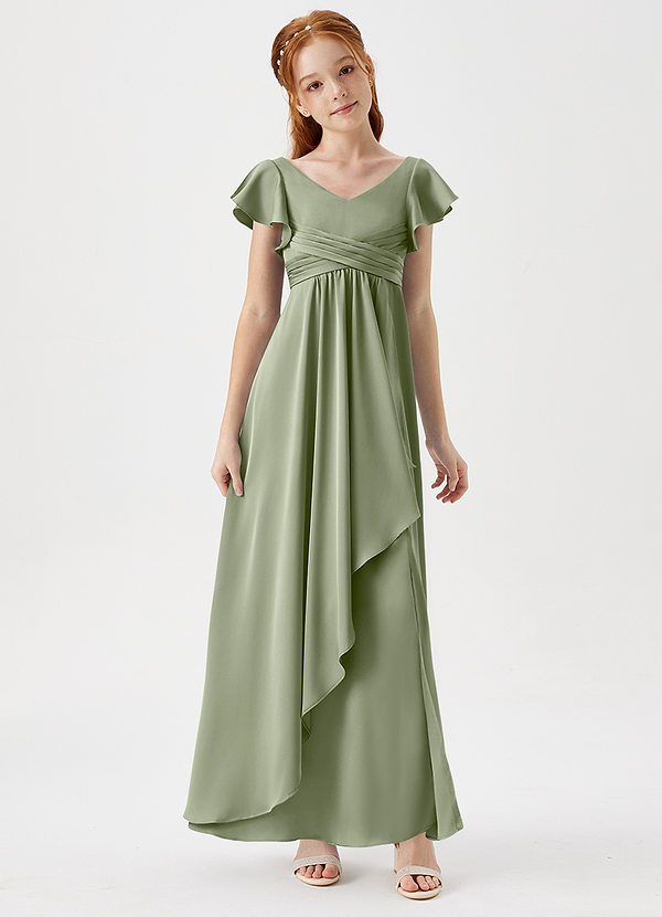 Azazie Omari Junior A-Linie Plissee Stretch-Satin Kleid Pistazie image1