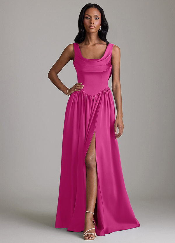 Azazie Novi Bridesmaid Dresses Fuchsia A-Line with Pockets Stretch Satin Dress image1