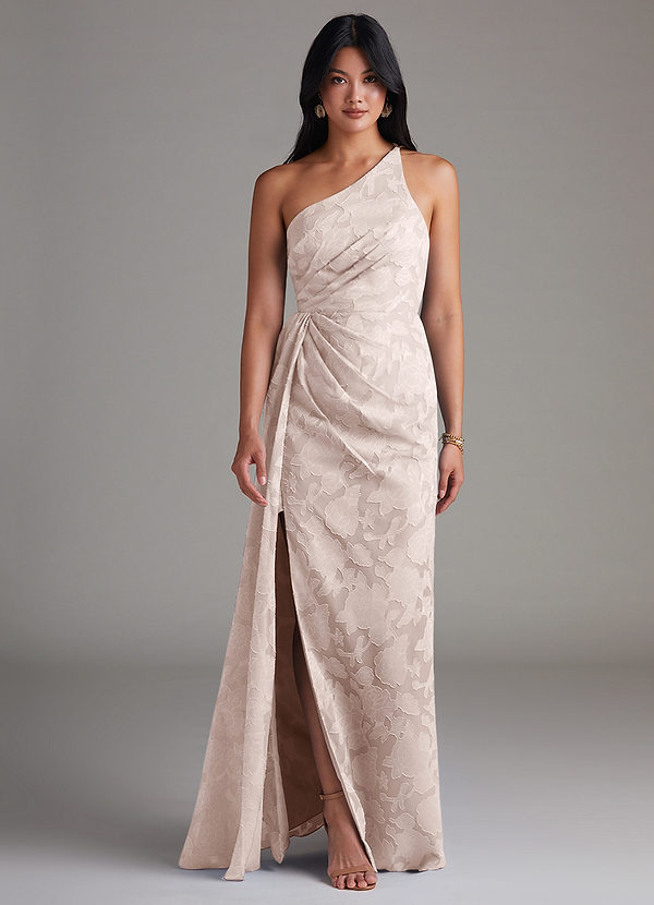Azazie Mika Robes Demoiselle d'honneur Robe Fourreau en Blumen-Burnout Ue épaule Rose Pâle image1