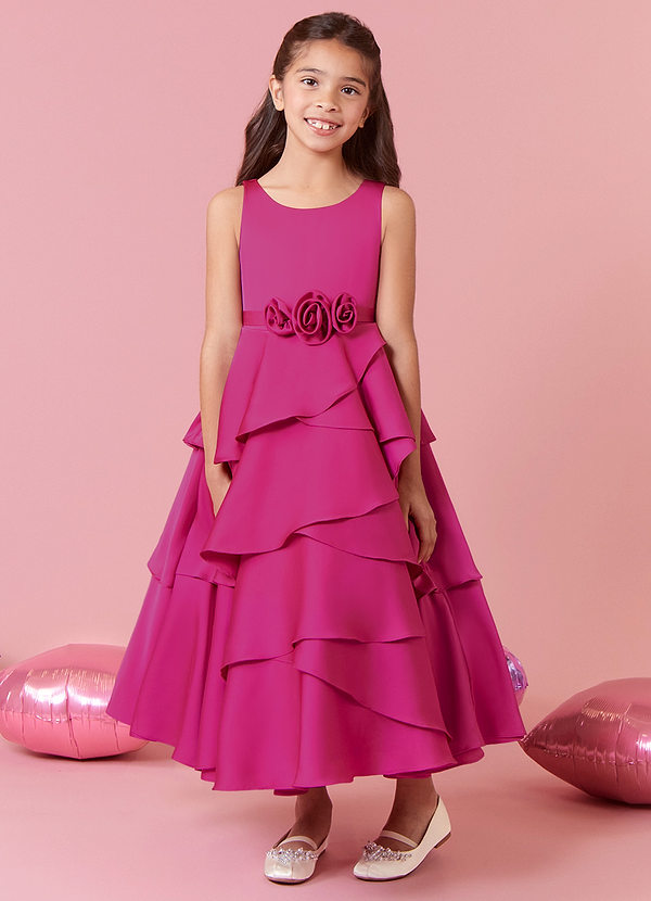 Barbie ♥ Azazie Flower Girl Dresses Scoop Floral Belt Tier Stretch Satin A-Line Dress image1
